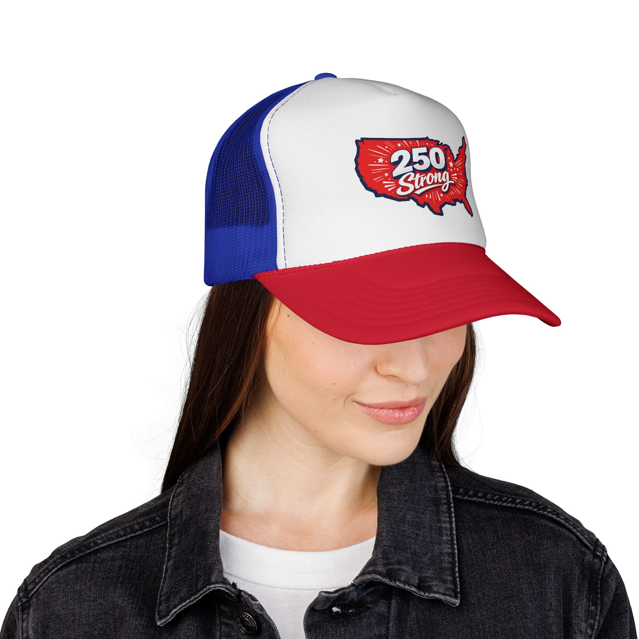 250 Strong USA Trucker Cap — Patriotic Red White & Blue Mesh Hat